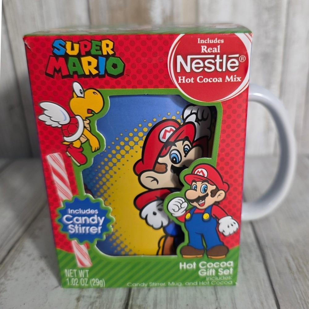 Super Mario Hot Cocoa Gift Set Nestle Cocoa Mug‎ & Candy Stirrer Frankford New